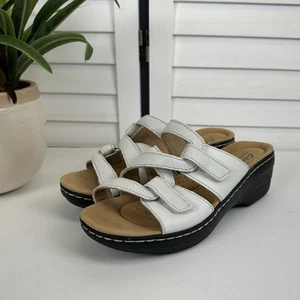 Clarks Collection Merliah Karli White Leather Slide Sandals Comfort Shoes Size 8 - Picture 1 of 9