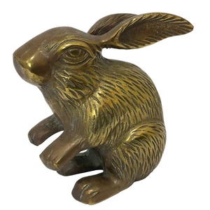 Vintage MCM massives Messing sitzender Hase Kaninchen Figur Briefbeschwerer geätzt 4" x 4" - Bild 1 von 14
