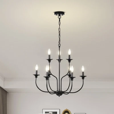 Lámpara de techo candelabro con taza de goteo negra de 28 pulgadas y 9 luces de 2 niveles Foto 1 de 4