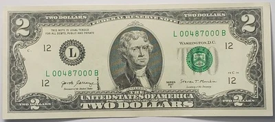 Nicer Circulated 2017A $2.00 note with fancy serial# L00487000B - Image 1 of 2