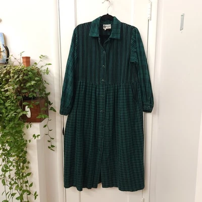 Vintage Winter Sun Plaid Cotton Flannel Midi Dress M/L Green Folk Artisan Style - Image 1 of 4