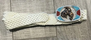 Cotton Woven Leather Belt Cream Silver Buckle Horse Turquoise Coral Western 36” - Picture 1 of 4