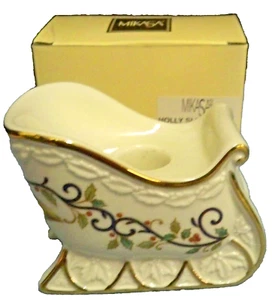 Mikasa Fine China Holly Sleigh Candle Holder Candlestick Holds 1 Taper Orig Box - Picture 1 of 2