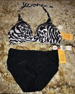 RUBY RD BEACH Black White Animal Print Halter Bikini Swim Suit NEW Womens Sz 14 - Picture 1 of 6