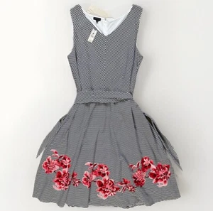 Talbots NWT Dancing Stripes A Line Midi Dress 14 Lined Belt Floral Embroidered - Picture 1 of 20
