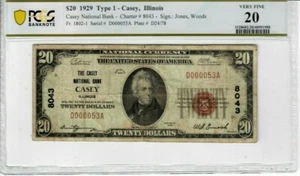 1929 Fr 1802-1 T1 Casey IL Brown Seal LOW SERIAL NUMBER D000053A PCGS VF-20 1988 - Picture 1 of 2