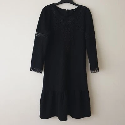 Vestido The Kooples M 10 Negro Detalles de Encaje Hasta la Rodilla Volantes Dobladillo Mangas Largas Foto 1 de 4