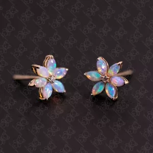 Blossom Stud Earrings Australian Solid Opal 14K Gold Diamond Accents - Picture 1 of 5