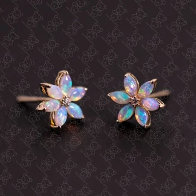 Серьги-гвоздики с цветами австралийский твердый опал золото 14 карат бриллиантовые акценты - Изображение 1 из 4