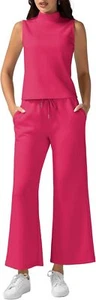 Two Piece Sets Women Summer Lounge Mock Neck Tops Wide Leg Crop Pants Outfits US - Picture 1 of 38