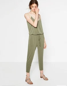 ZARA KHAKI LONG JUMPSUIT WITH A SEAM AT THE DRAWSTRING WAIST SIDE POCKETS SIZE S - Picture 1 of 9