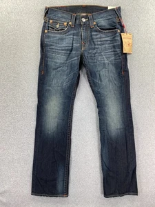 True Religion Jeans Men 32 (Fits 34x32) Straight Dark Wash Flap Pocket Y2K Retro - Picture 1 of 15