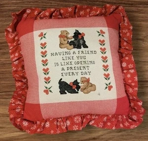 Handmade Pillow Scottie Dog Cross Stitch Bear Friend Throw Accent GrannyCore Vtg - Picture 1 of 15