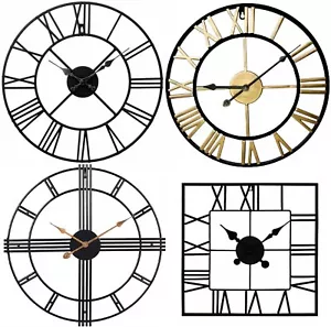 Large Metal Skeleton Roman Numeral Wall Clock Black Round & Square Shape 40/60cm - Picture 1 of 15