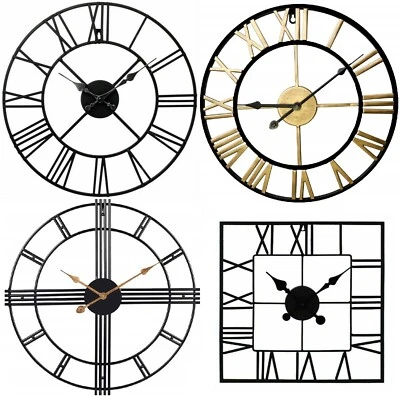 Large Metal Skeleton Roman Numeral Wall Clock Black Round & Square Shape 40/60cm - Image 1 of 4