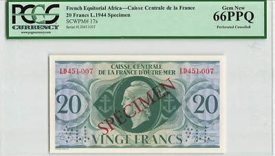 French Equatorial Africa 20 Francs, SPECIMEN, P-17s, 1944, PCGS 66 PPQ, Gem UNC - Image 1 of 2