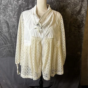 Anthropologie Jacket Large Ivory Eyelet Cowl Neck Zip Pockets Boho Light NEW - Picture 1 of 20