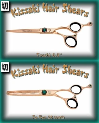 Combo tesoura de corte de cabelo Kissaki 6,0" e tesouras de desbaste de 28 dentes ouro rosa - Imagem 1 de 3