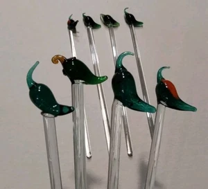 8 🌶️ Vtg MCM Hand Blown Art Glass Red Green Hot Chili Peppers Swizzle Sticks - Picture 1 of 10