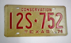 Old 1974 Texas Conservation License Plate 12S-752 Embossed Vintage - Picture 1 of 4