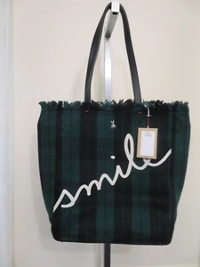 ED ELLEN DEGENERES OAX TOTE HANDBAG PURSE GREEN TARTAN SMILE - Picture 1 of 3