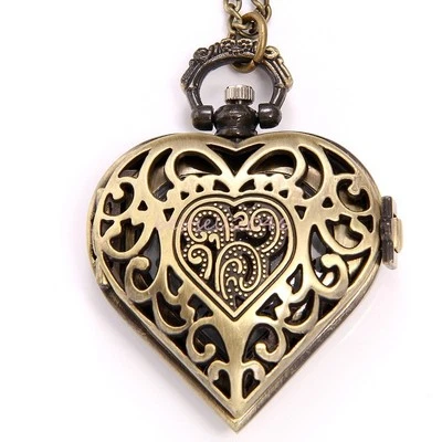 Vintage Bronze Color Hollow Out Heart Shape Pendant Necklace Pocket Watch Quartz - Image 1 of 4