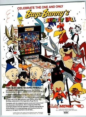 Bugs Bunny Birthday Ball Pinball Machine FLYER Original 8.5" x 11" Artwork 1990 - Image 1 of 2