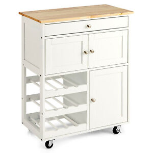 Rolling Kitchen Island Serving Cart Storage Cabinet w/ Wine Rack White