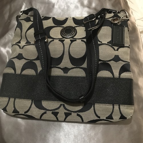 Coach Signature Stripe Crossbody Purse Jacquard Gray & Black Pre Owned