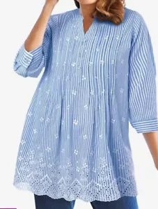 Woman Within Embroidered Pintuck Tunic Blue Striped Size 3X New - Picture 1 of 3