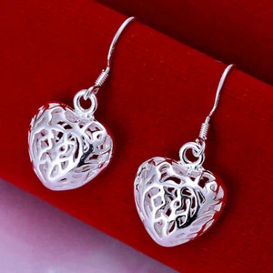 Silver Plated Drop Dangle  Filigree Hollow Heart Earrings.Womens 925 Sterling  - Picture 1 of 3