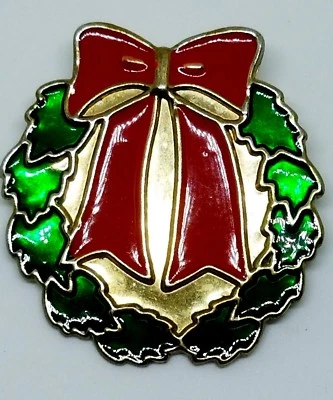 Broche prendedor corona navideña vintage esmaltado rojo y verde en tono dorado Foto 1 de 4