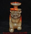 3" Old Chinese Natural Hetian Jade Weird Fengshui Animal Bear Statue Candlestick