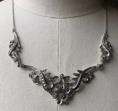 Vintage Silver Metal & Marcasite Necklace/Floral Design/Dainty/Retro/1950’s/60’s - Image 1 of 4