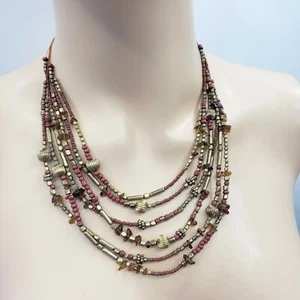 Multi Strand Raw Amber Bronze Red Seed Beaded Wire Necklace Adjustable 23" - Picture 1 of 6