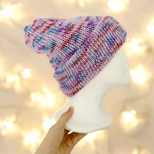 Hand Knitted beanie in purple mix Double Layer - Picture 1 of 3