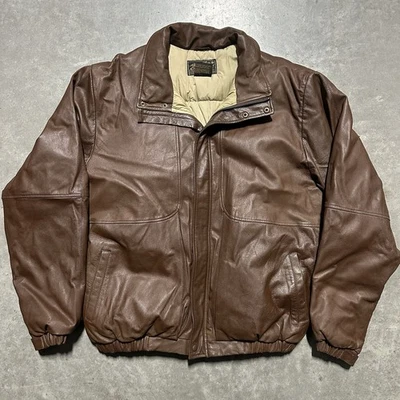 Vintage 90s Eddie Bauer Mens 2XL Leather Goose Down Jacket Brown Bomber Puffer - Image 1 of 4