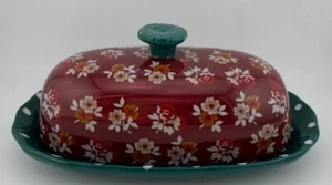 Pioneer Woman Butter Dish Burgundy Teal Green Polka Dots - Picture 1 of 6