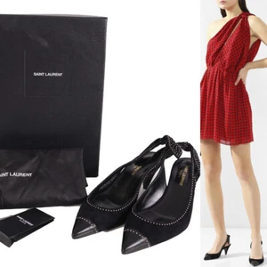sz 37 NEW $1,095 SAINT LAURENT Black Suede STUDDED Charlotte 55 SLING BACK HEELS - Picture 1 of 12