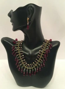 Vintage Avon Simulated Ruby Pearl Gem Gold Tone Rope Necklace Drop Earrings Set  - Picture 1 of 11