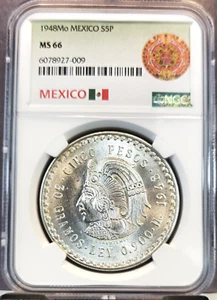 1948 MEXICO SILVER 5 PESOS S5P CUAUHTEMOC NGC MS 66 BEAUTIFUL GEM BU COIN - Picture 1 of 3