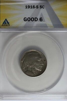 1916-S .05  ANACS  G 6  Buffalo Nickel, Indian Nickel, 5 Cent Piece - Image 1 of 2