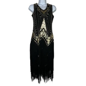 Vestido Harlem Noche Lentejuelas Talla M Adornado Flecos Dorado Negro Bodycon Gatsby - Imagen 1 de 9
