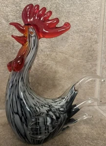 Art Glass Black White Rooster Hand Blown Sculpture Statue 8"h x 7.5"w - Picture 1 of 6