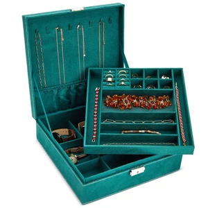 Organizador de caja de joyería de terciopelo con cerradura - estuche de viaje de 2 capas, almacenamiento de joyas - Imagen 1 de 11