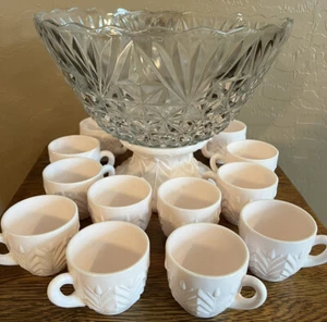 1950s JEANETTE Feather Shell Pink Milk Glass Punch Bowl Stand & 12 Glasses - Picture 1 of 9