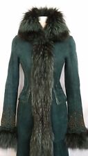 Cavalli long emerald green shearling with fox fur 20K jacket sz 38
