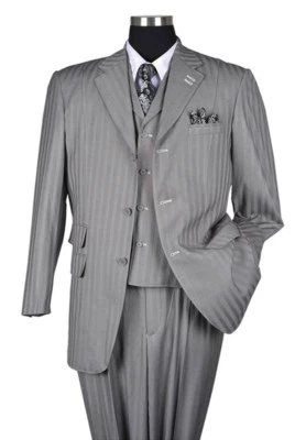 Men's 3 Button Classic Striped Suit w/ Vest 3pc Set 5267 Gray 38~60 - Image 1 of 4