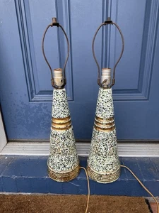 Pair Of MCM Vintage Green Ceramic Lamps Black & Gold Flecks Gold Rings Accents - Picture 1 of 24