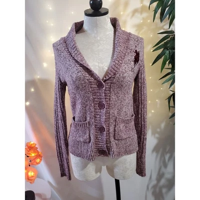 Polo Chal Cuello Bordado Acanalado Borgoña Tejido Cárdigan Suéter Para Mujer Talla S Foto 1 de 4